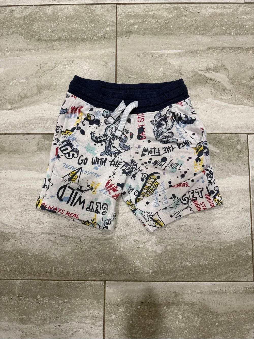 Graphic Drawstring Boys Shorts in White with Navy Waistband